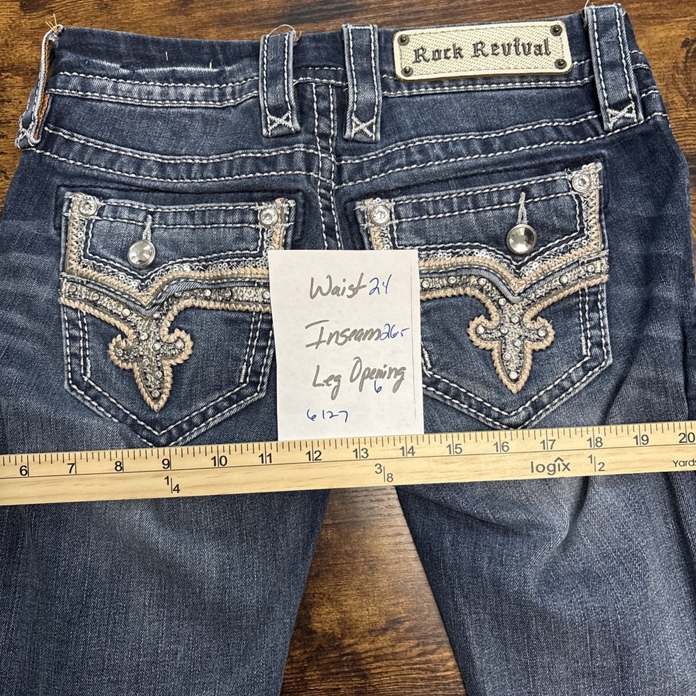 Rock Revival Betty Women's Sz 24 Stra Cut Dark Wash Jeans Embellished Distressed - Picture 12 of 12